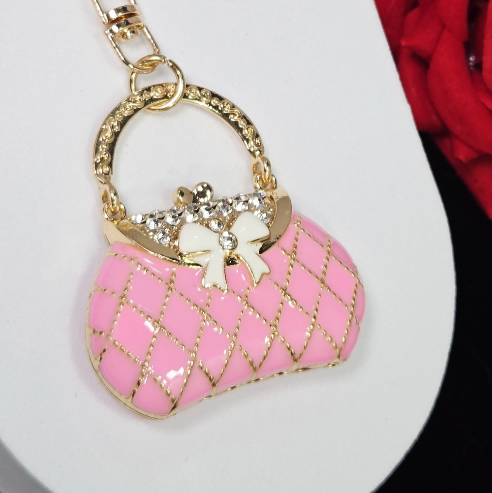 Pink Quilted Purse Rhinestone Keychain Gold Bag Charm w/ Bow Puffy Keyring Clip - Picture 8 of 12
